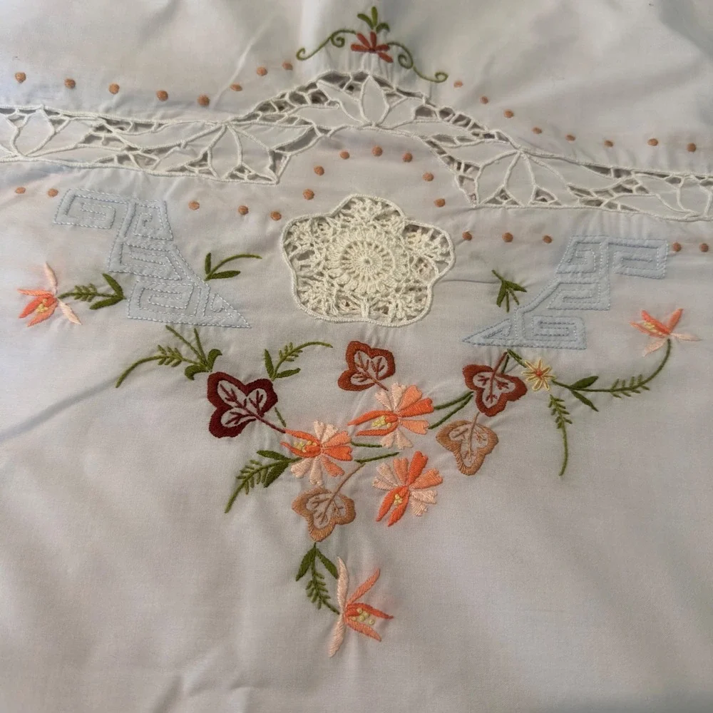 Vintage Tablecloth Floral Hand Embroidered Crochet Lace 116x66 Cottagecore